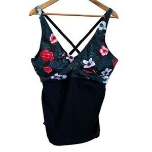 Yonique 20W‎ Plus Size Tankini Swimsuit Top Floral Tropical Black Swimwear